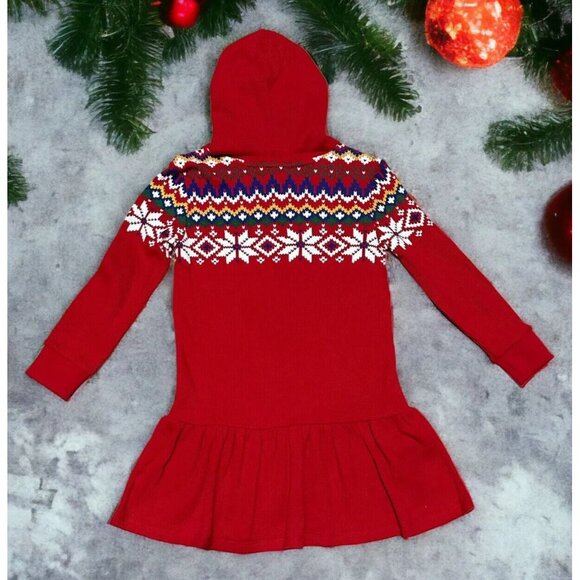 NEW-6X Girls Polo-Ralph Lauren Fair Isle Waffle-Knit Hooded Red Christmas Dress - Picture 4 of 9